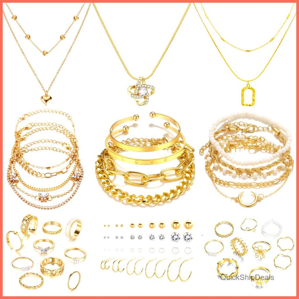 14k Gold Plated Jewelry Set, Stackable Necklace Bracelet Rings Hoop Earrings